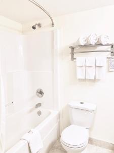 a white bathroom with a toilet and a bath tub at Prairie Moon Inn & Suites Unity in Unity