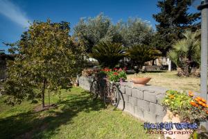 a bicycle parked next to a retaining wall with flowers at Etna Travellers B&B in Mascalucia