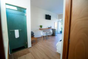 baño con puerta de ducha verde en una habitación en Siete Cielos en La Laguna