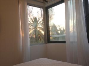 1 dormitorio con 2 ventanas con cortinas blancas y 1 cama en Welcome to Tigre en Tigre