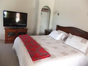 a bedroom with a bed and a flat screen tv at Casa Mexicana in Paeroa