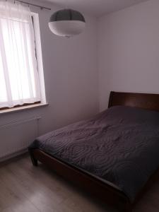 een slaapkamer met een bed en een groot raam bij Apartament Południowy in Radom