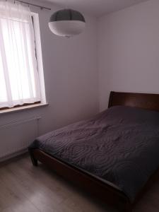 a bedroom with a bed and a large window at Apartament Południowy in Radom