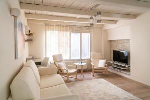 ein Wohnzimmer mit einem Sofa, Stühlen und einem TV in der Unterkunft Gruia Lofts in Cluj-Napoca