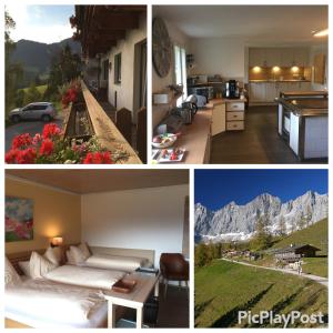 a collage of four pictures of a kitchen and a house at Frühstückspension Gsenger in Ramsau am Dachstein