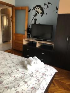 - une chambre avec une télévision et un lit avec des serviettes dans l'établissement Blue Apartment, à Drobeta-Turnu Severin