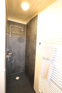 ein Bad mit einer Dusche und einer Glastür in der Unterkunft Blue View Cabin 7B With private hot tub in Selfoss
