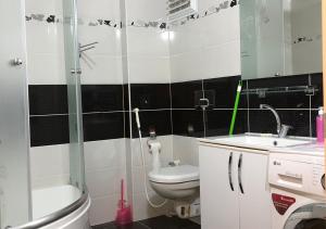 W łazience znajduje się toaleta, umywalka i prysznic. w obiekcie Rahal Beşyıldız Apart w mieście Trabzon