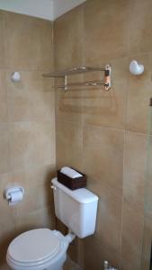 a bathroom with a white toilet and a shower at Casa Magnolias in Tandil