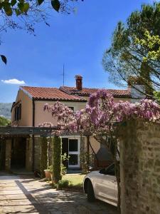 una casa con un albero con fiori viola di Apartment Boreas a Strunjan