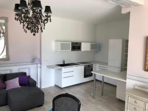 a kitchen and living room with a couch and a table at Domaine Plessis Gallu - vacation cottage rental in Azay-le-Rideau