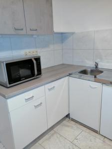a white kitchen with a microwave and a sink at Hinterländer Schweiz in Gladenbach