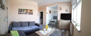 a living room with a blue couch and a tv at Alicja Apartament in Mikołajki