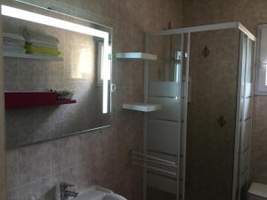a bathroom with a shower and a sink and a mirror at Appartements F2 Tiuccia in Tiuccia