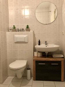 een badkamer met een toilet, een wastafel en een spiegel bij Kaßberg-Apartment am Puls der Stadt in Chemnitz