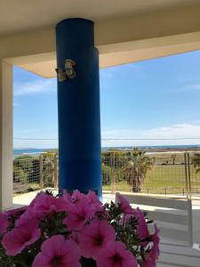 a bouquet of pink flowers in front of a blue pole at Casa Serra in Porto Palo