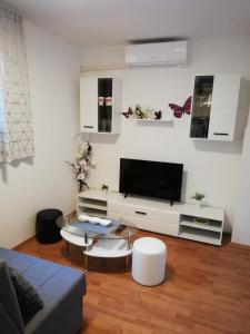 ein Wohnzimmer mit einem TV an der Wand in der Unterkunft Apartment Zdravko in Štinjan