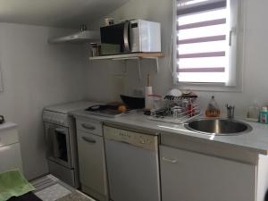 una pequeña cocina con fregadero y microondas en L'Eden, en Ansouis