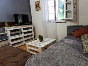 een woonkamer met een bank en een tv bij Sur la route du Voile in Salazie