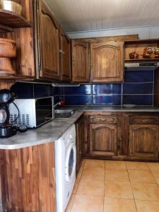 uma cozinha com armários de madeira e uma máquina de lavar louça branca em Sur la route du Voile em Salazie