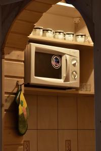 un four micro-ondes sur une étagère dans une cuisine dans l'établissement Na ubocy, à Brzegi