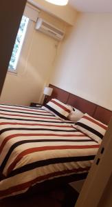 Un dormitorio con una cama con una manta a rayas. en Confortable 2 ambientes en Recoleta Excelente Ubicacion, en Buenos Aires 24 fotos más