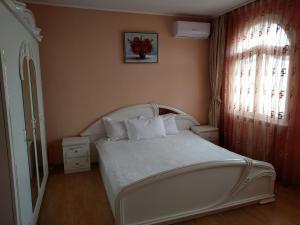 a bedroom with a white bed and a window at Casa Monica in Baile Felix