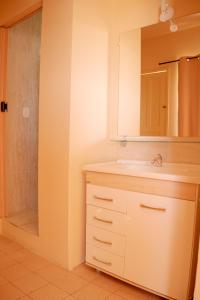 ein Bad mit einem Waschbecken, einem Spiegel und einer Dusche in der Unterkunft Hotel Ermitage in Santana do Livramento
