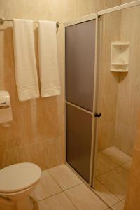 a bathroom with a shower and a toilet at Hotel Ermitage in Santana do Livramento