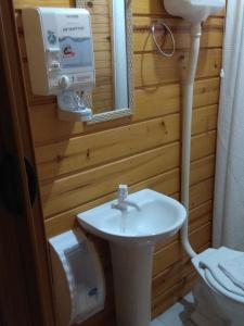 a bathroom with a sink and a toilet and a mirror at Gaboto, solo se reserva con sena , entrar en contacto in Chuy