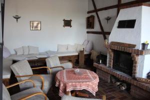 a living room with a fireplace and a table and chairs at Apartment in Schwielochsee OT Guhlen 36012 in Guhlen