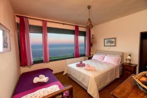 een slaapkamer met een bed en een groot raam bij Aegean Panorama Apartments in Akhladherí
