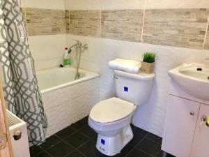 ein Badezimmer mit einem WC, einem Waschbecken und einer Badewanne in der Unterkunft Hostal Host Patagonia in Punta Arenas