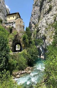 ein Gebäude an der Seite eines Berges neben einem Fluss in der Unterkunft Apartamentos La Venta in Soto de Cangas