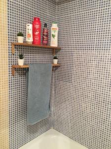 a bathroom with a tiled wall with a shelf with products at Apartamento Ahola in Archena