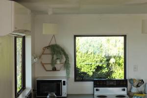 Seaview Cottage في Mokau: مطبخ مع ميكروويف ونافذة كبيرة