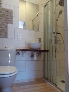 a bathroom with a toilet and a sink and a shower at Les Trois Hiboux in Crespin