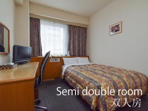 a hotel room with a bed and a desk and a television at Hotel Maira in Okayama