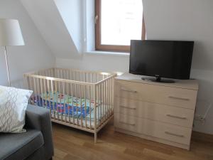 a crib with a television on top of a dresser at Krokusowa Polana in Kościelisko