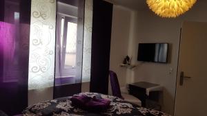 a room with a table and a window and a television at Angelika's Gästehaus in Blieskastel