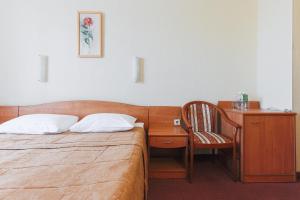 um quarto com uma cama, uma secretária e uma cadeira em Hotel Meridian em Chelyabinsk