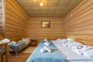 a room with two beds in a log cabin at Agrotatry U Stachy in Bukowina Tatrzańska