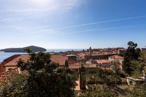 einen Blick auf eine Stadt mit dem Meer im Hintergrund in der Unterkunft Red Wine Apartment in Dubrovnik