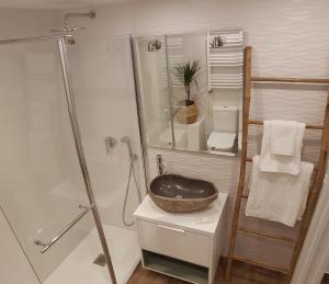 a bathroom with a sink and a shower at Fuente Foncalada Oviedo Centro Gascona in Oviedo
