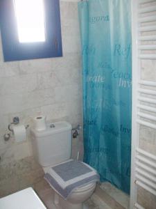 a bathroom with a toilet and a blue shower curtain at Serifos Palace in Livadakia