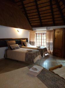 a bedroom with two beds in a room with windows at African Ambience Guest House in St Lucia