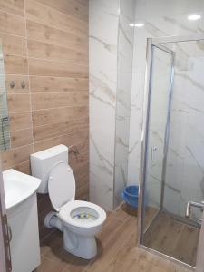 La salle de bains est pourvue d'une douche et de toilettes. dans l'établissement Mediteran B&B, à Prozor