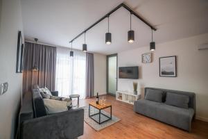 a living room with two couches and a tv at Apartament Kasztanowy blisko centrum - Dream Apart in Szczyrk