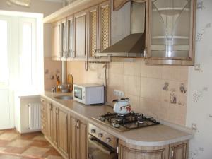 uma cozinha com fogão forno ao lado de um micro-ondas em Apartment Irpen em Irpin