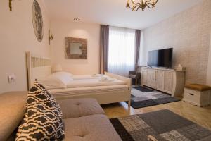 a bedroom with a bed and a tv and a couch at Vila Antica in Sibiu